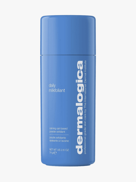 Dermalogica Daily Milkfoliant Exfoliator blue bottle on light gray background