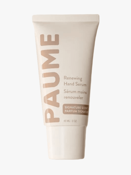 Paume Renewing Hand Serum in branded tube component on a light gray background