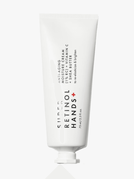 Beauty Pie Super Retinol Anti-Aging Hand Cream in branded tube component on a light gray background
